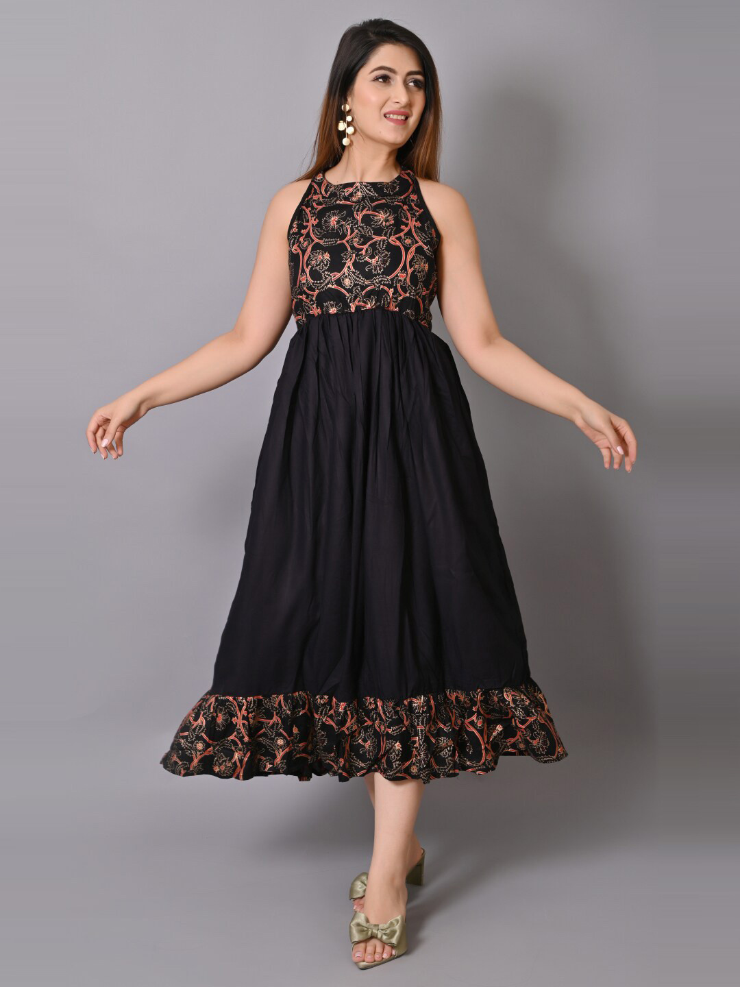 IQRAAR Black Floral Midi Dress