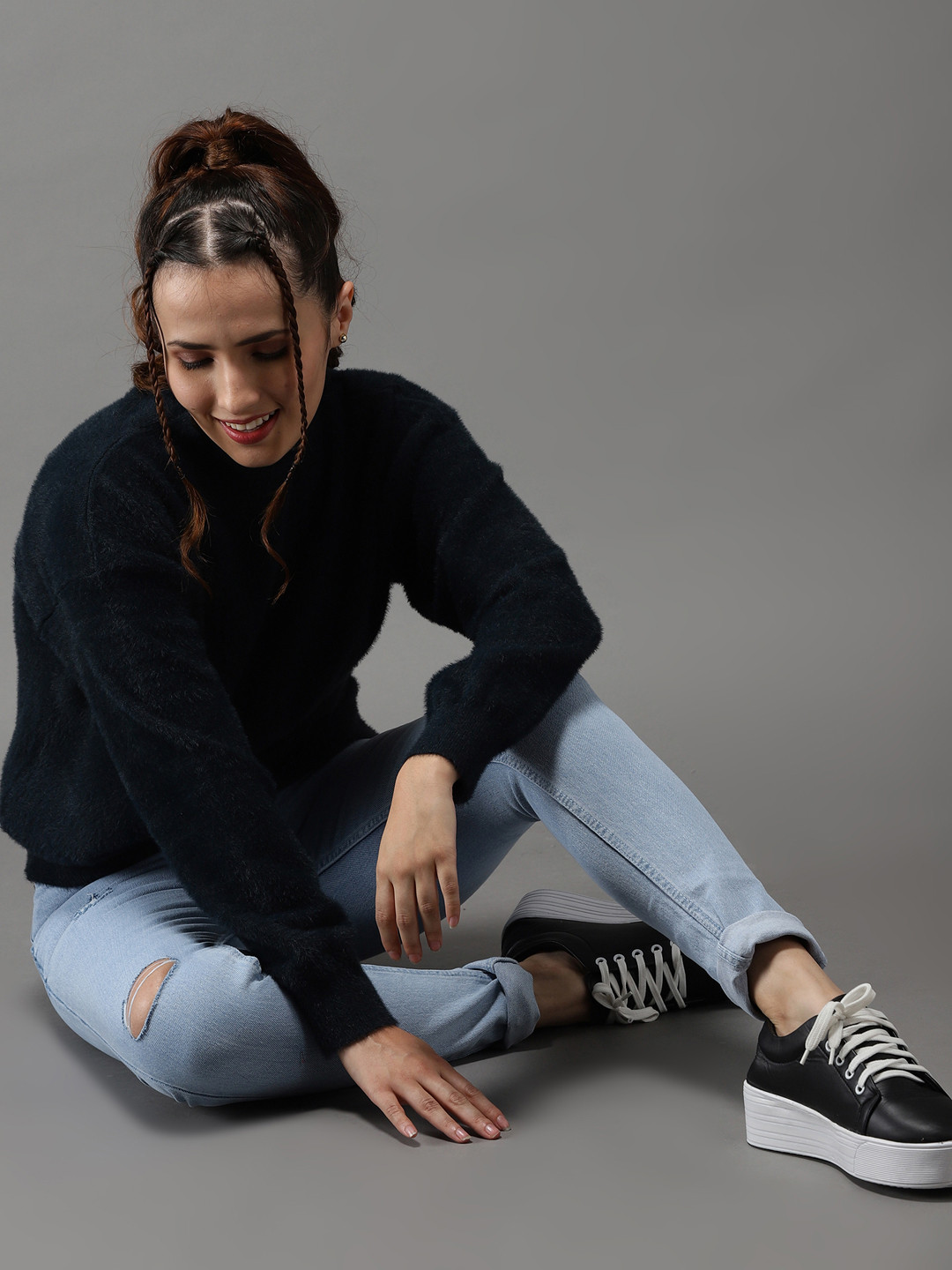 SHOWOFF Women Navy Blue Pullover with Fuzzy Detail