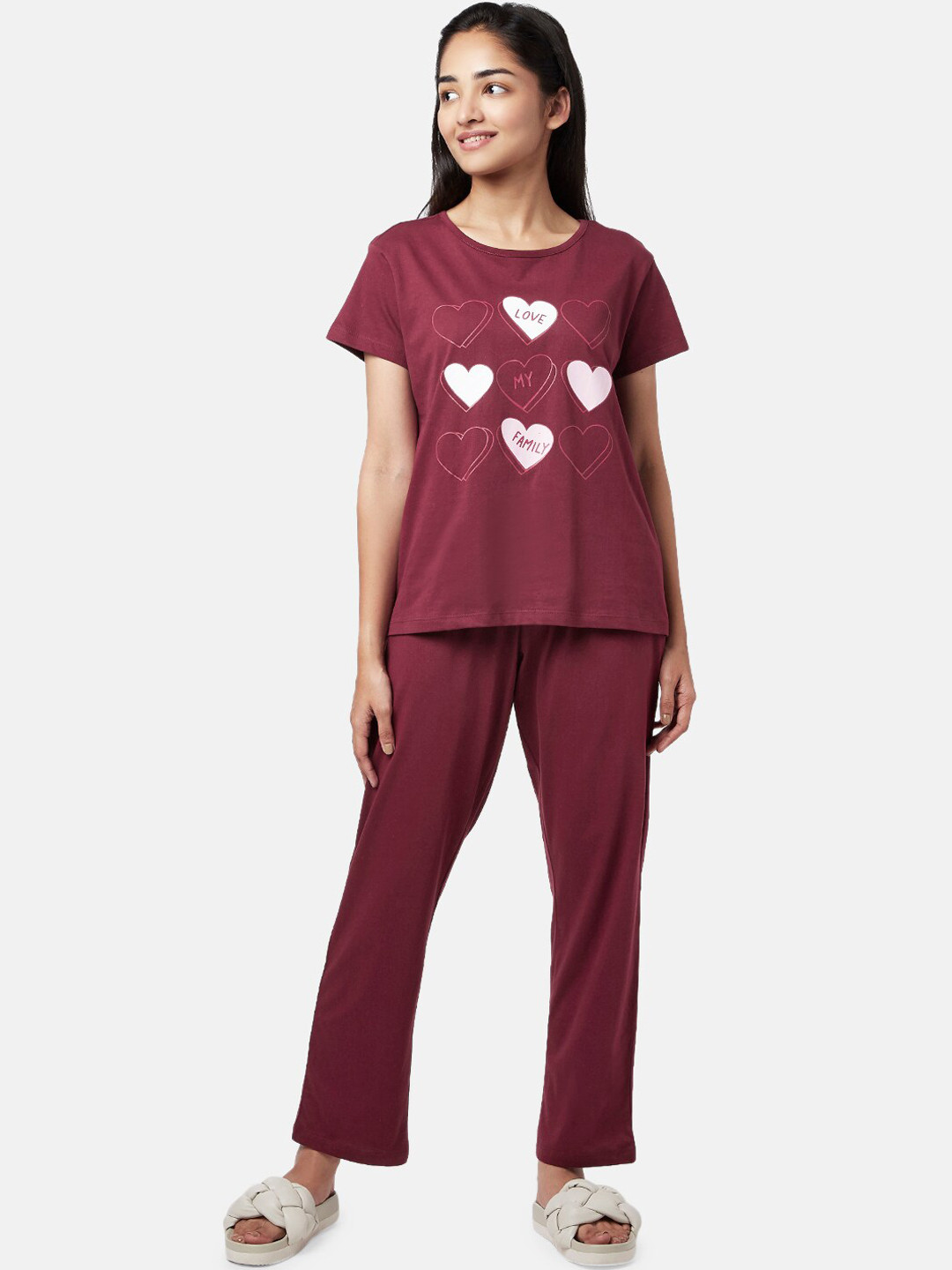 YU by Pantaloons Women Maroon & White Printed Night suit