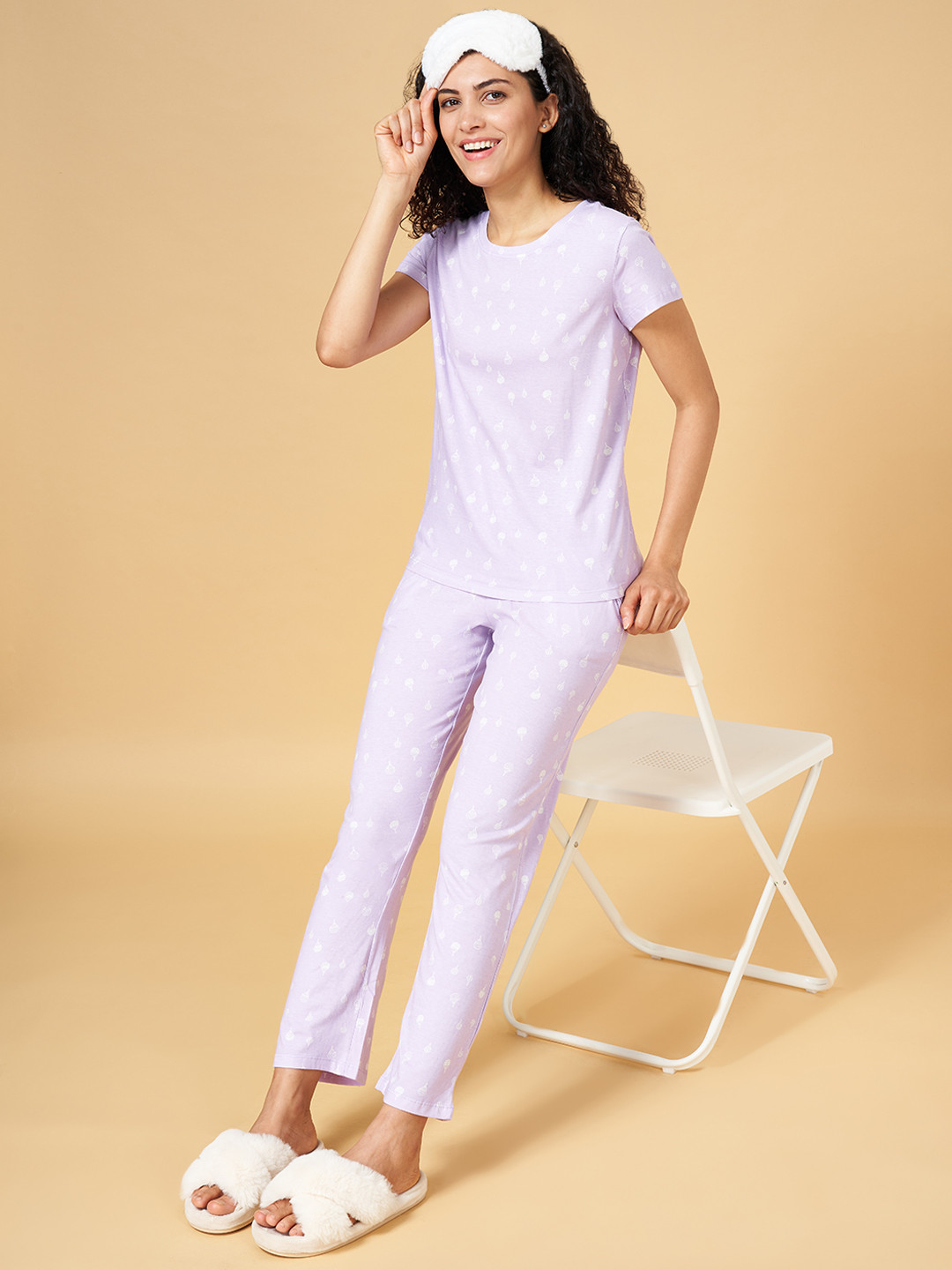 YU by Pantaloons Women Purple & White Printed Night suit