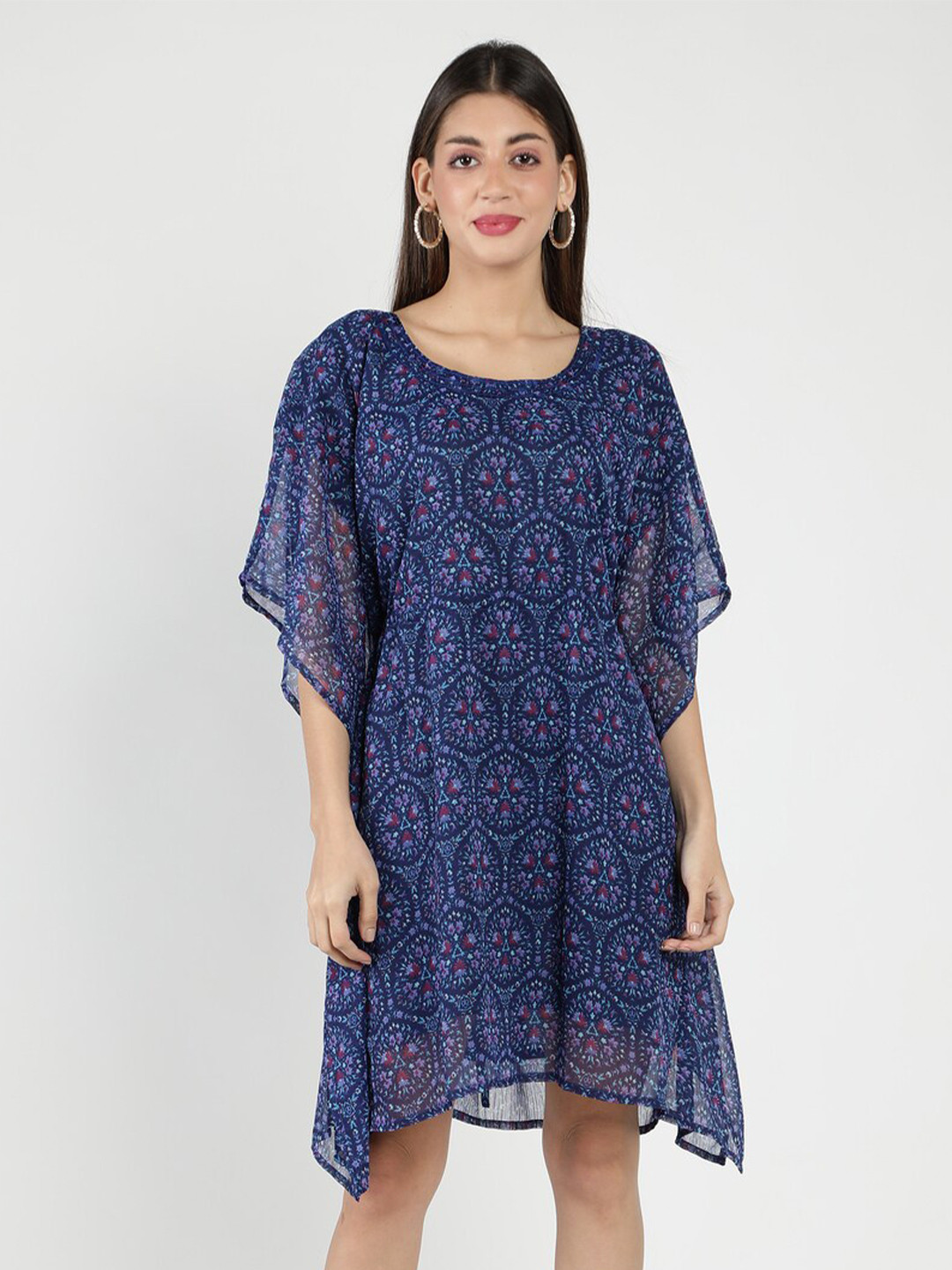 DEBONATELLA Navy Blue Floral Georgette Kaftan Dress