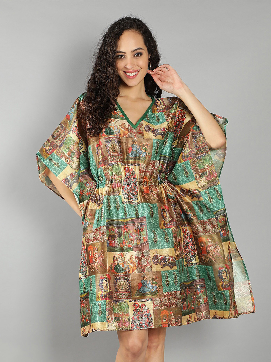 DEBONATELLA Beige & Sea Green Ethnic Motifs Georgette Dress