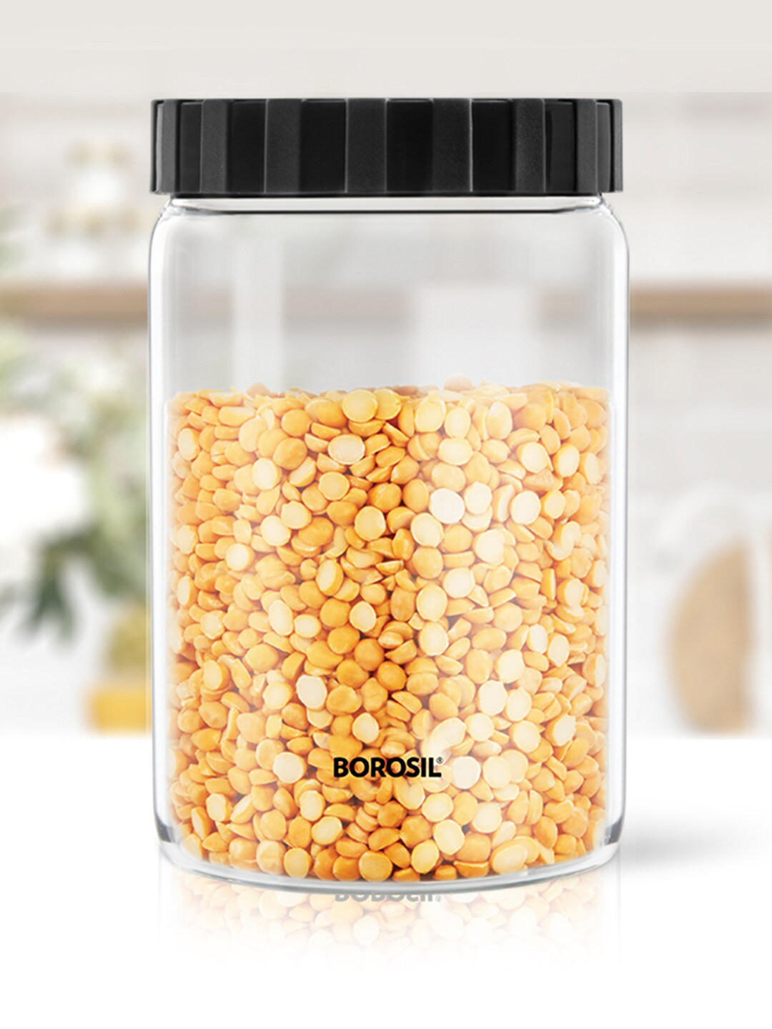 BOROSIL Transparent & Black Glass Jar With Air-Tight Lid 900 ml