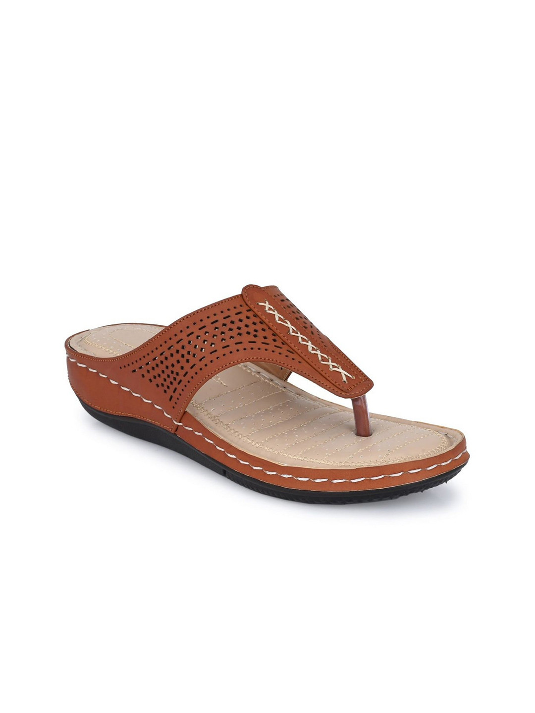 AADY AUSTIN Women Tan Embellished Orthopedic T-Strap Flats with Laser Cuts