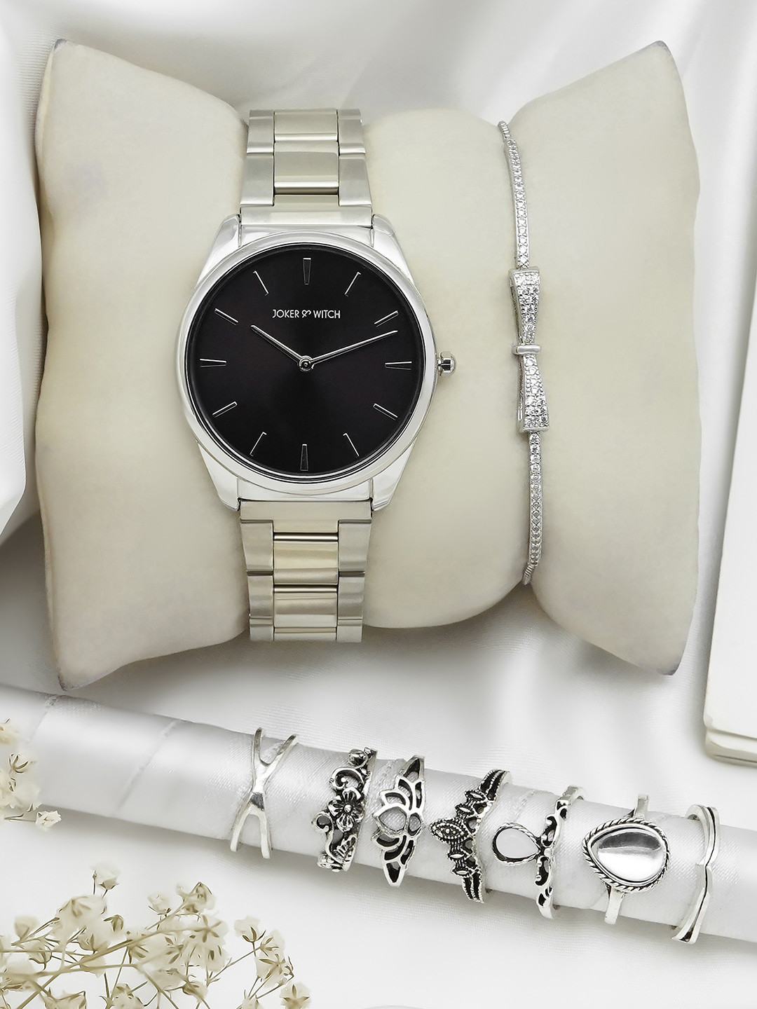 JOKER & WITCH Women Silver Toned Stainless Steel Analogue Watch With Bracelet & Ring