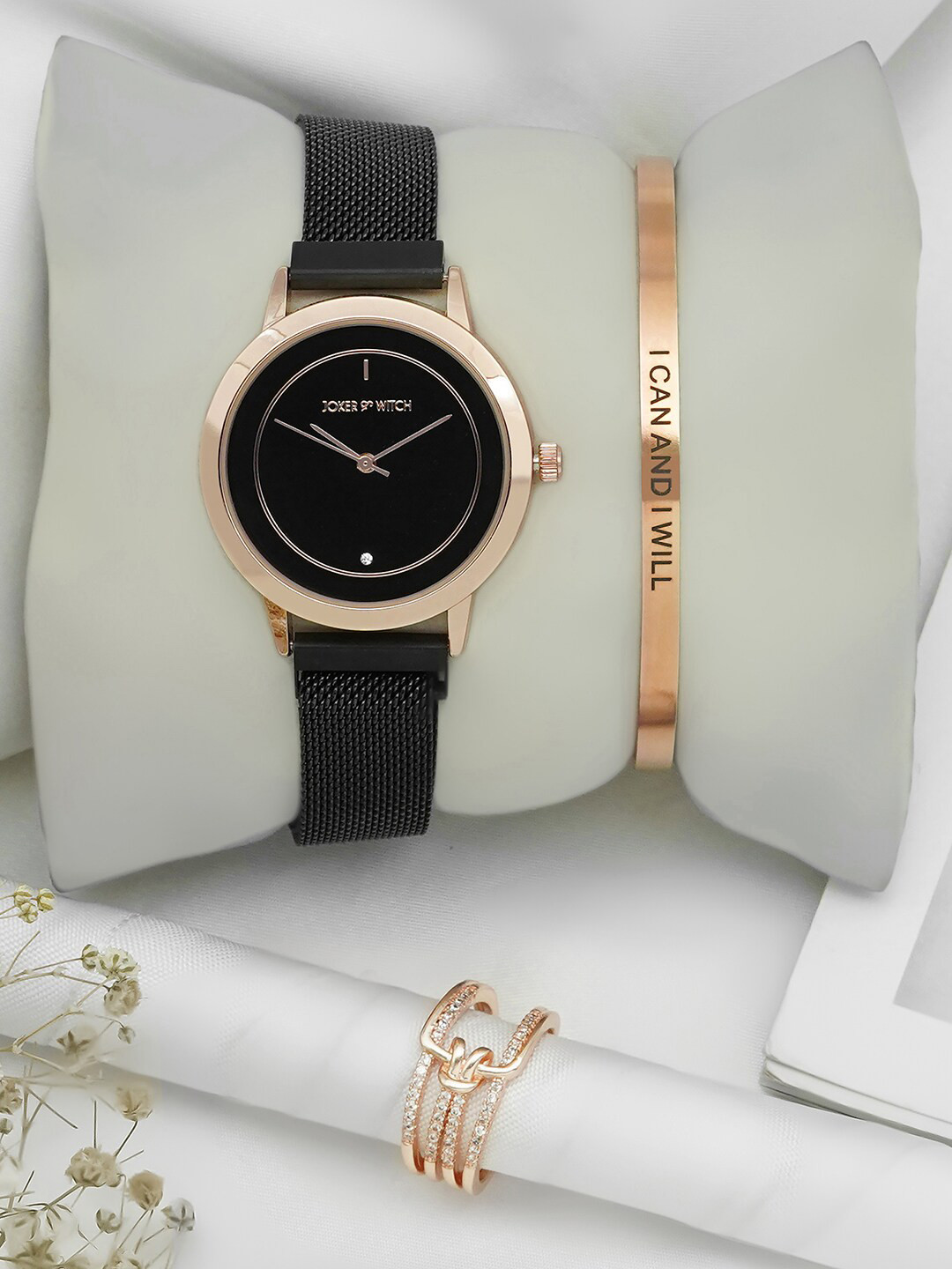 JOKER & WITCH Women Black Bracelet Style Straps Watch With Bracelet & Ring