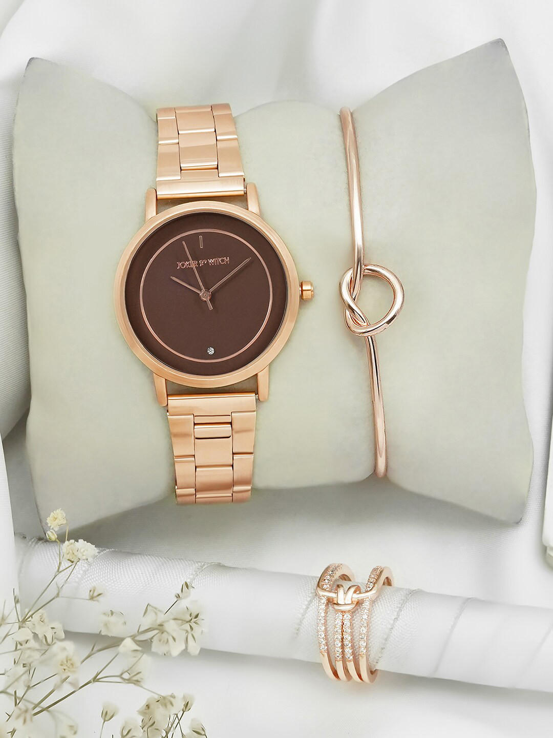 JOKER & WITCH Women Rose Gold Toned & Brown Analogue Watch With Bracelet And Ring Gift Set