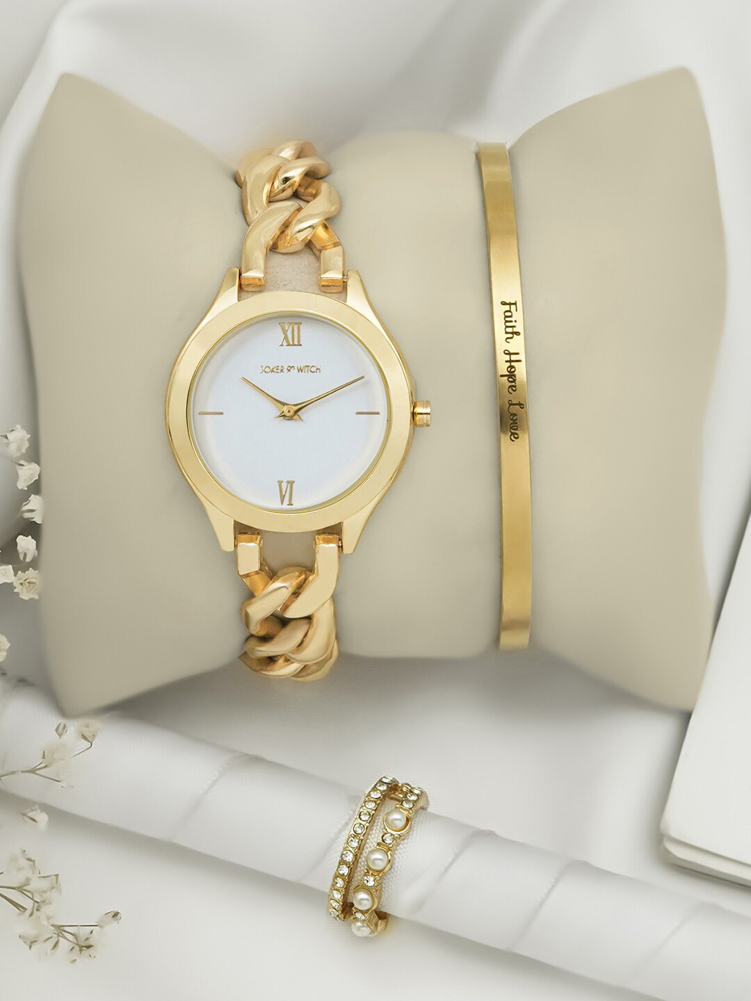JOKER & WITCH Women Gold Toned & White Analogue Watch With Bracelet And Ring Gift Set