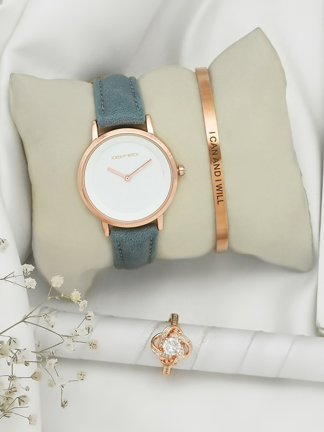 JOKER & WITCH Women Rose Gold Toned & Blue Analogue Watch With Bracelet And Ring Gift Set