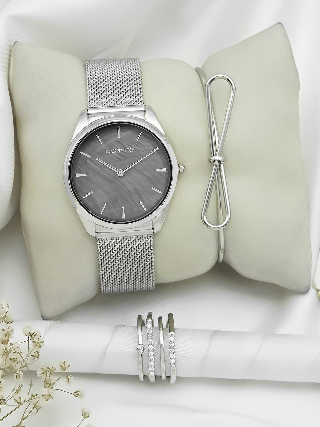 JOKER & WITCH Women Silver-Toned Analogue Watch With Bracelet And Ring Gift Set