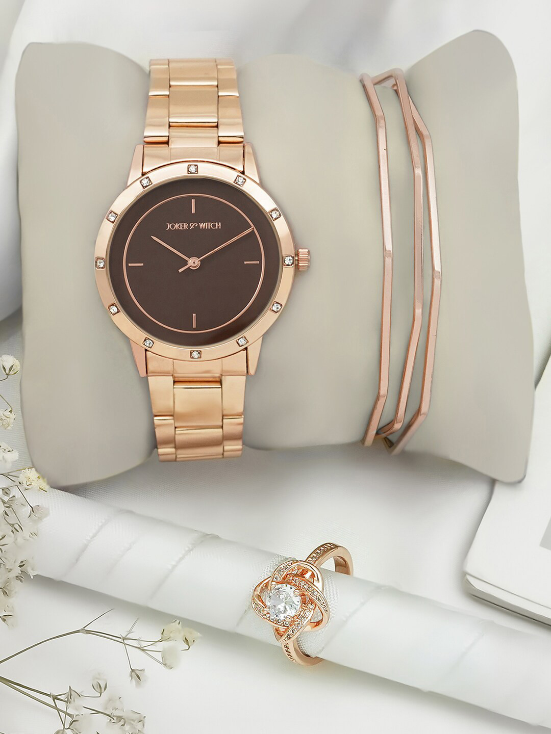 JOKER & WITCH Women Rose Gold Toned & Brown Analogue Watch With Bracelet And Ring Gift Set