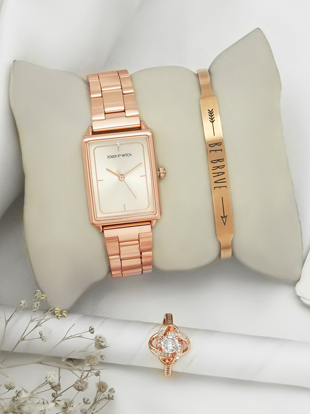 JOKER & WITCH Women Analogue Rose Gold Toned & White Watch With Bracelet And Ring Gift Set