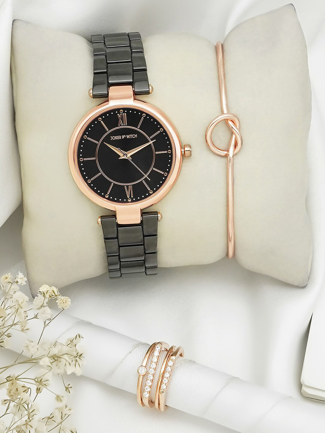 JOKER & WITCH Women Black Dial Analogue Watch With Bracelet & Ring- JWLT608