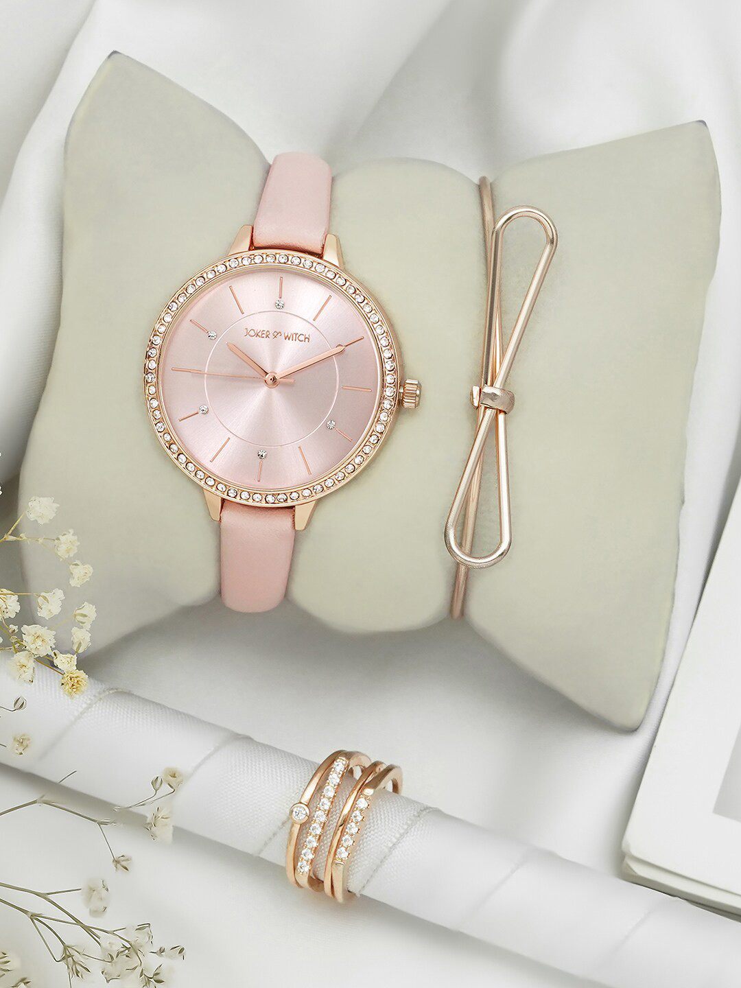 JOKER & WITCH Women Rose Gold-Toned Dial Watch With Bracelet & Ring-JWLT617