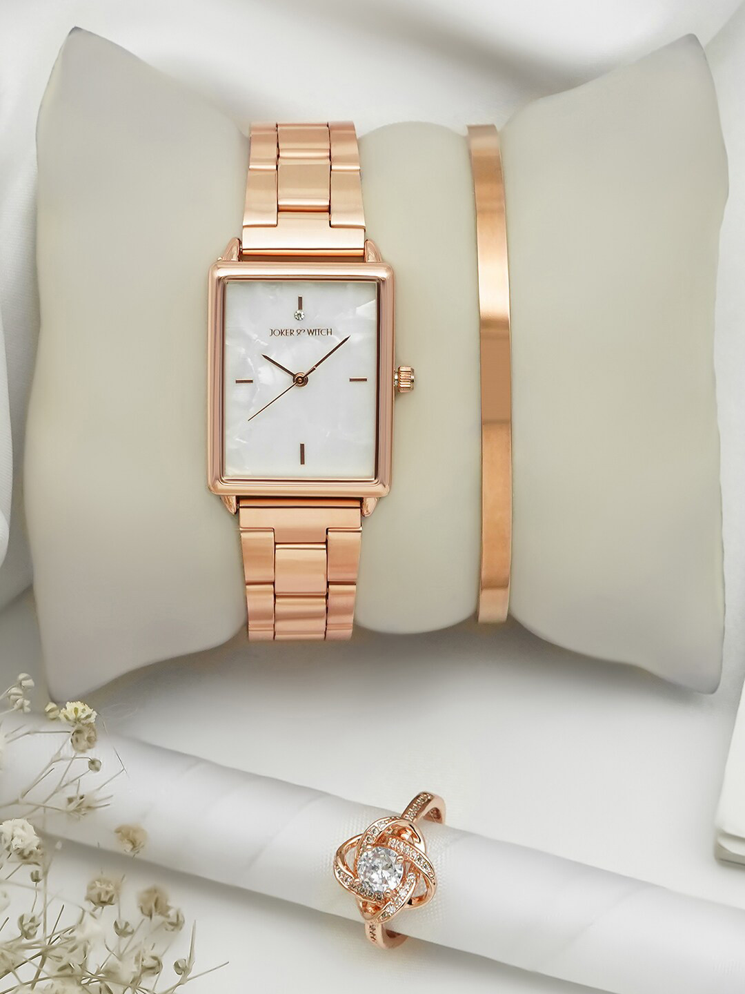 JOKER & WITCH Women White Printed Dial & Rose Gold Toned Watch With Bracelet & Ring- JWL