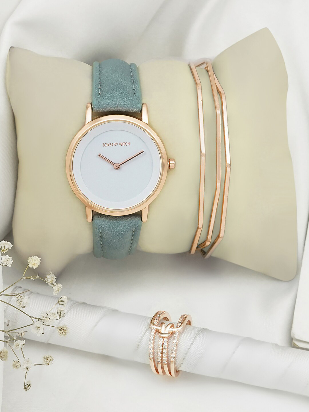 JOKER & WITCH Women White Dial & Blue Straps Analogue Watch With Bracelet & Ring- JWLT72