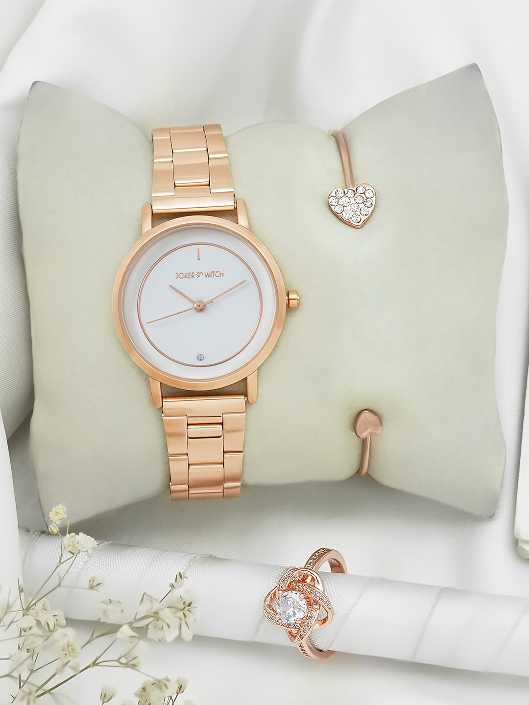 JOKER & WITCH Women White Dial & Rose Gold Toned  Analogue Watch With Bracelet & Ring- JWL