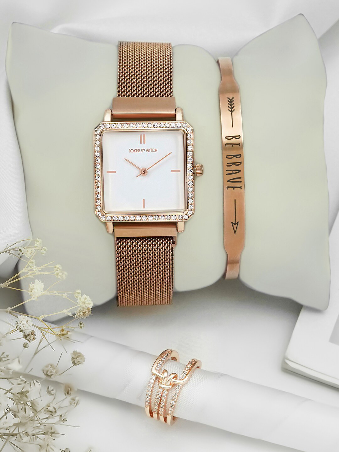 JOKER & WITCH Women White Dial & Rose Gold Toned Watch With Bracelet & Ring- JWLT666