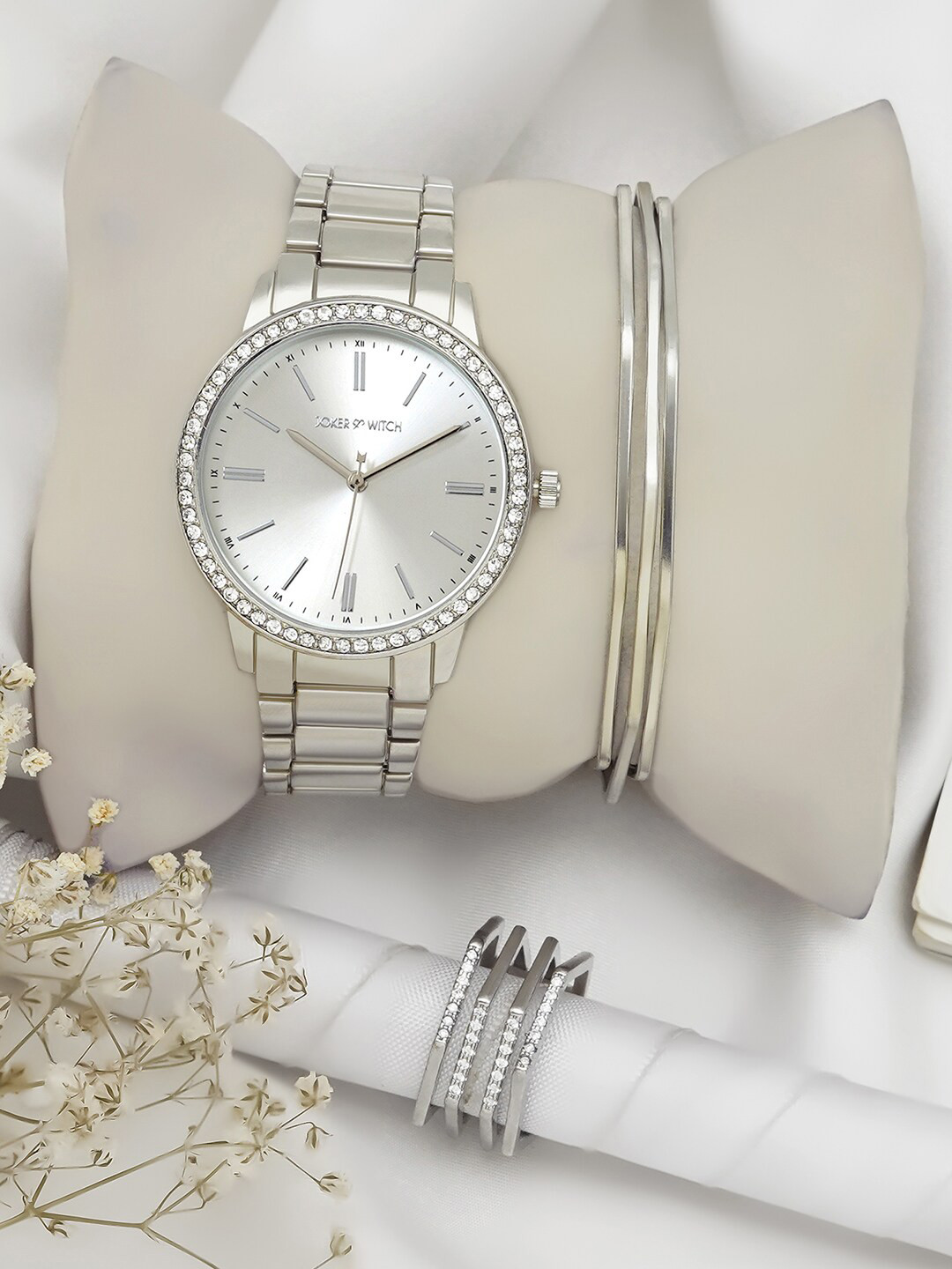 JOKER & WITCH Women Silver-Toned Embellished Dial & Silver Toned Straps Watch-JWLT611
