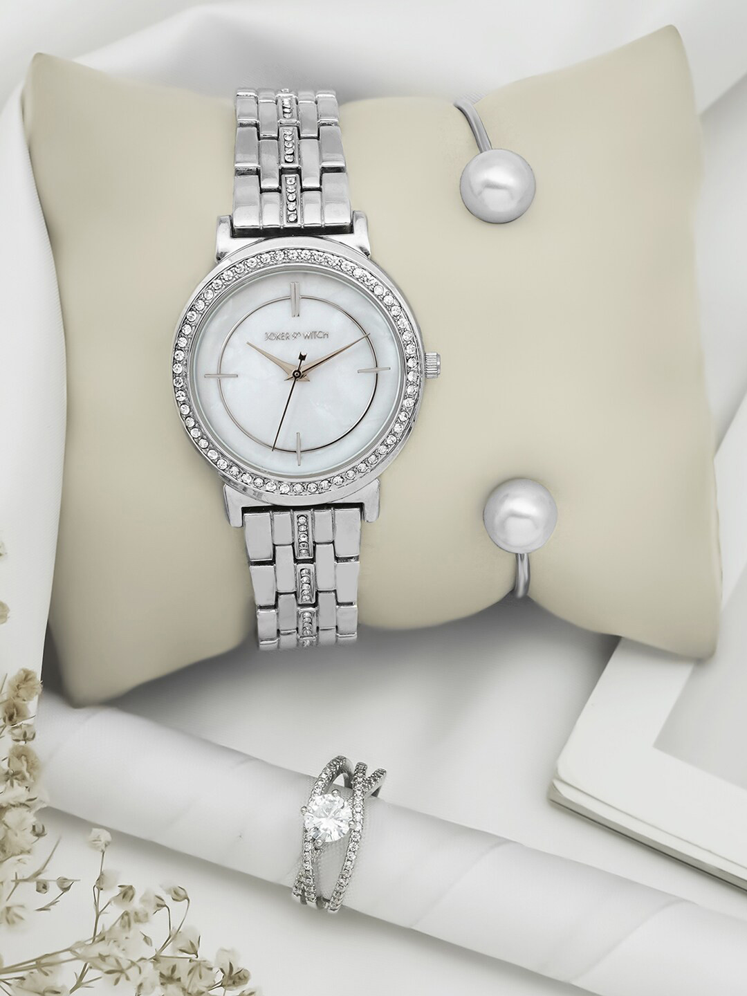 JOKER & WITCH Women White Embellished Dial & Silver Toned Analogue Watch-JWLT699