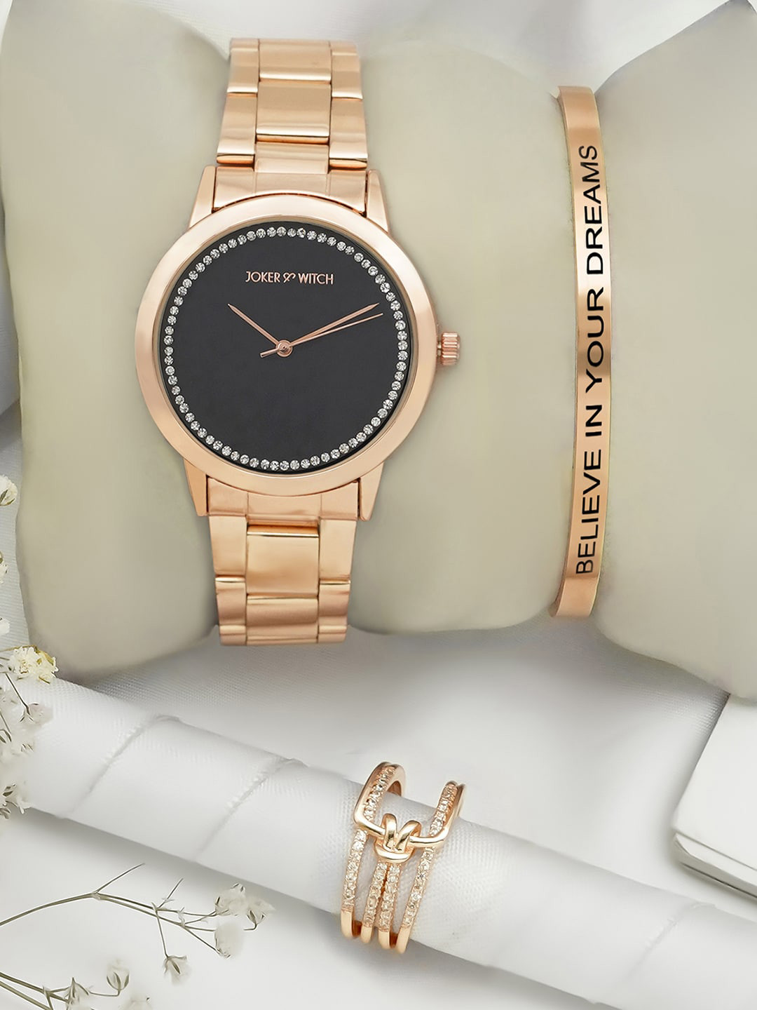 JOKER & WITCH Women Glittery Nectar Love Triangle Analogue Watch Gift Set JWLT675