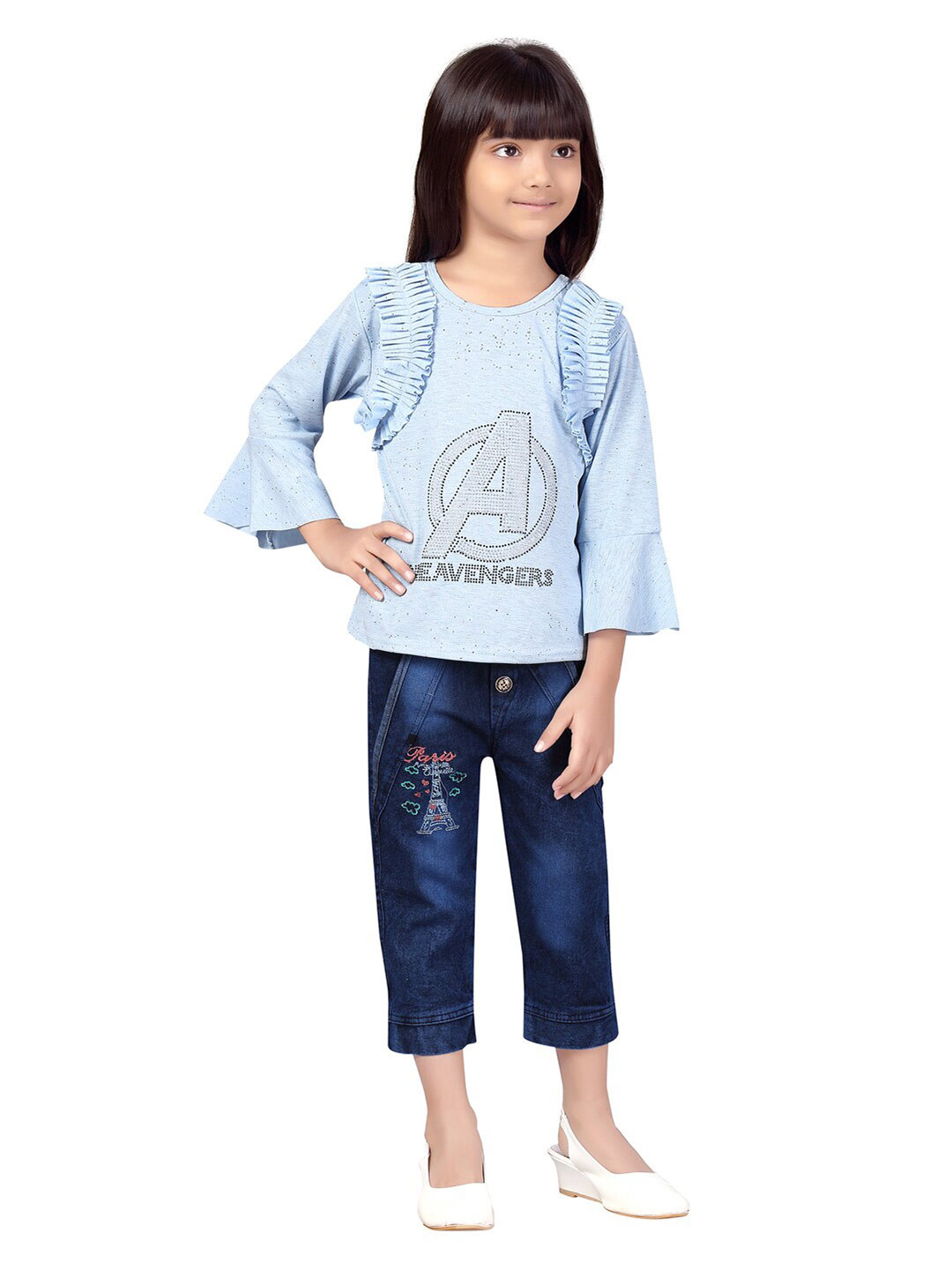 Aarika Girls Turquoise Blue & Black Embellished Top with Capris