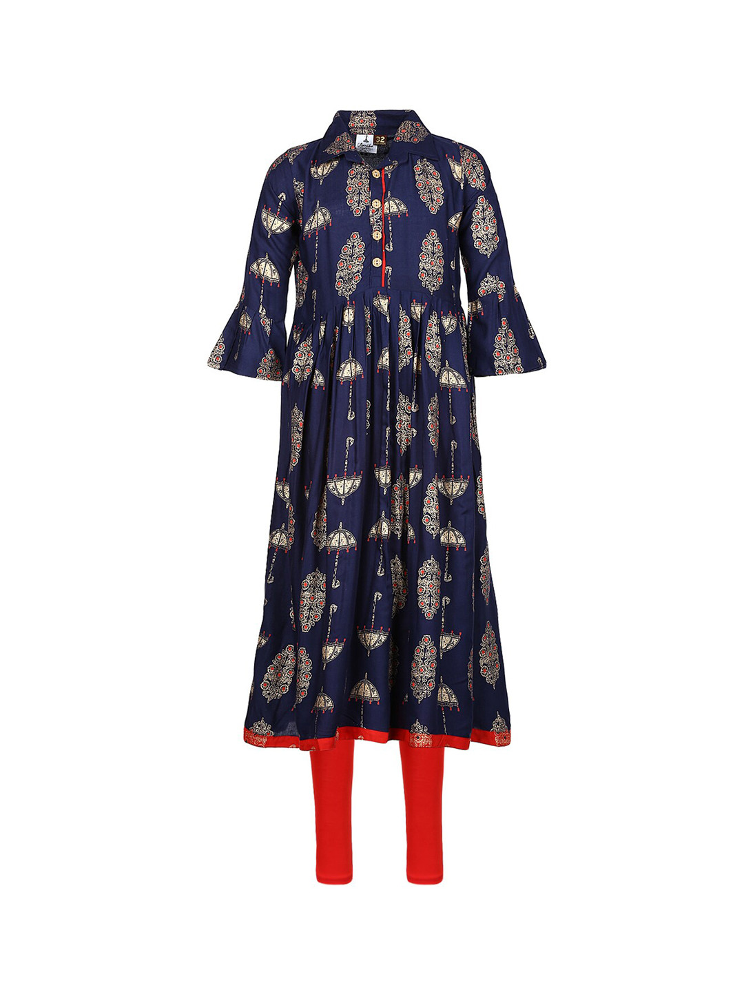 Aarika Girls Navy Blue Ethnic Printed Pleated Pure Cotton Kurta