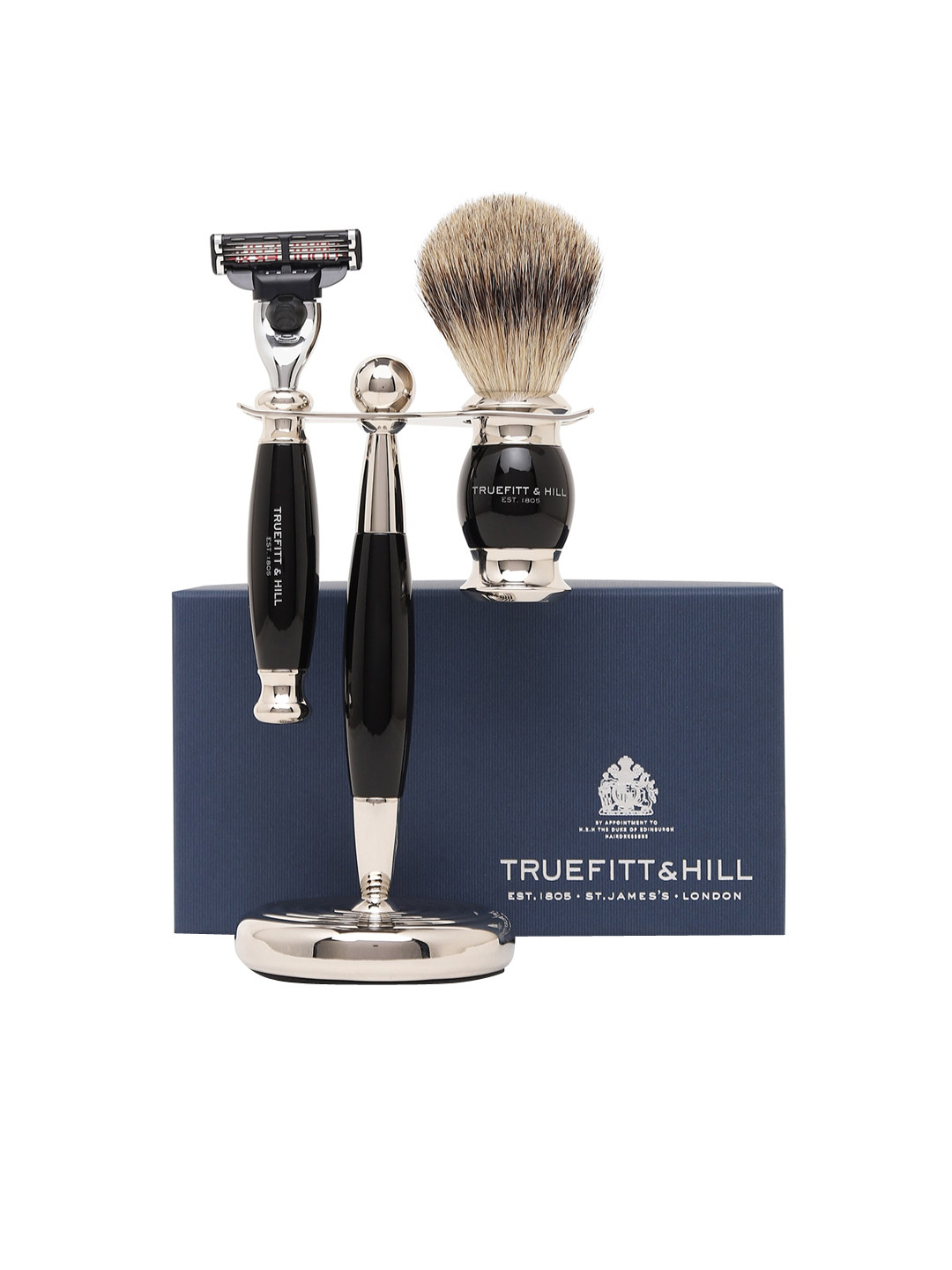 TRUEFITT & HILL Ebony Black Edwardian Collection of Shaving Brush, Mach-3 Razor & Stand