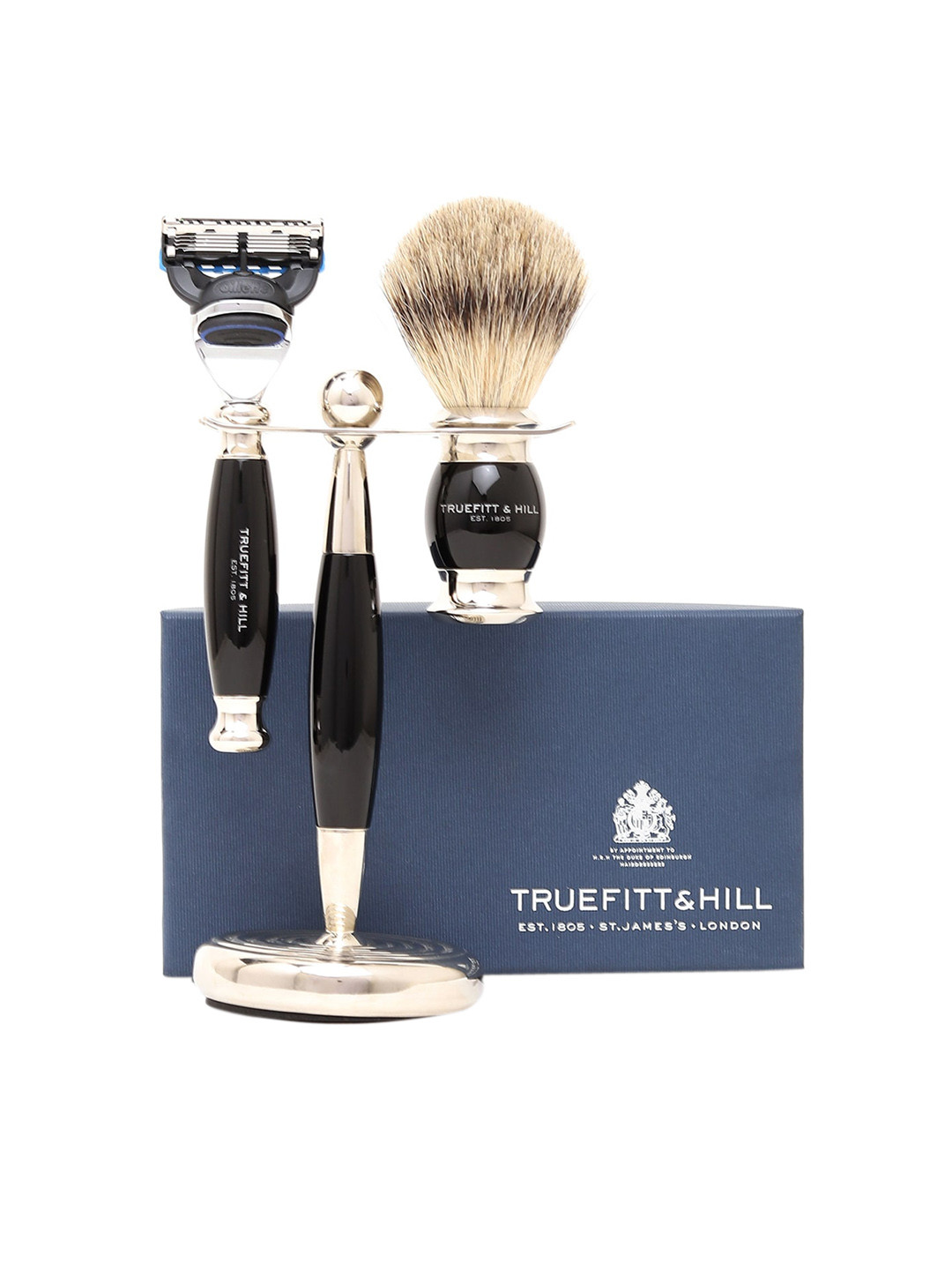 TRUEFITT & HILL Ebony Black Edwardian Collection of Shaving Brush, Fusion Razor & Stand