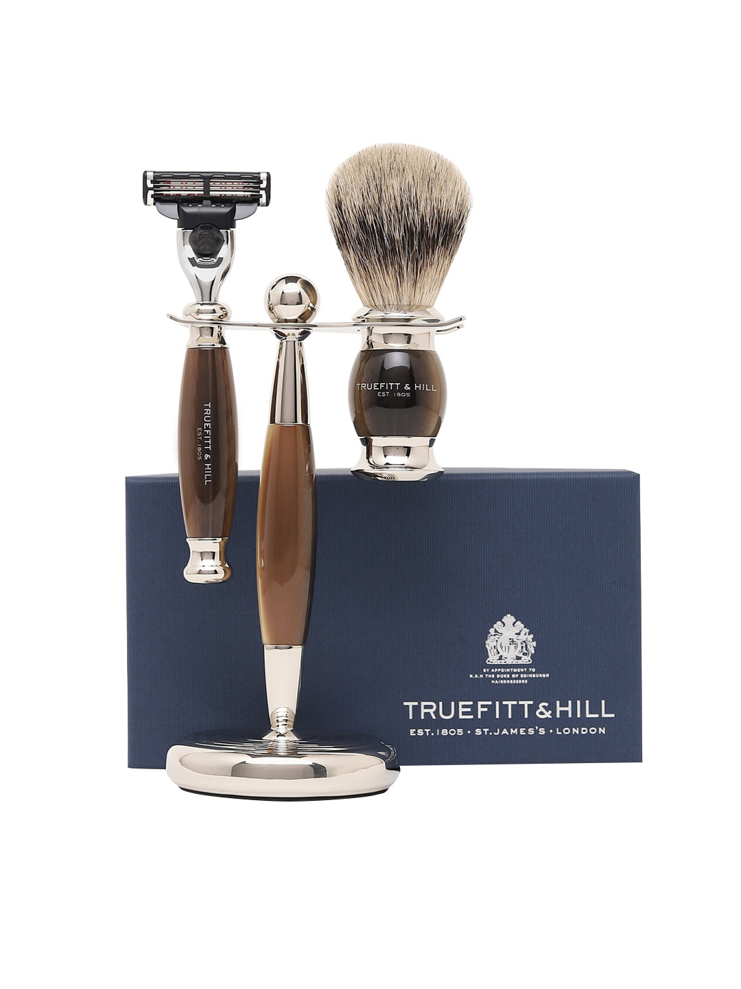 TRUEFITT & HILL Men Horn Brown Edwardian Collection Mach-3 Razor & Shaving Brush