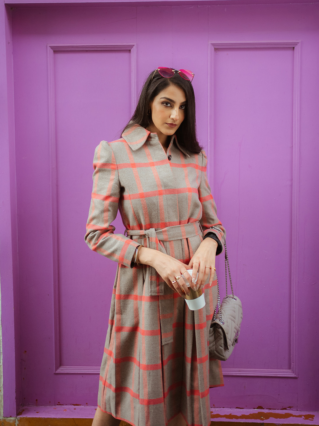 Dlanxa Women Khaki & Peach Checked Longline Coat
