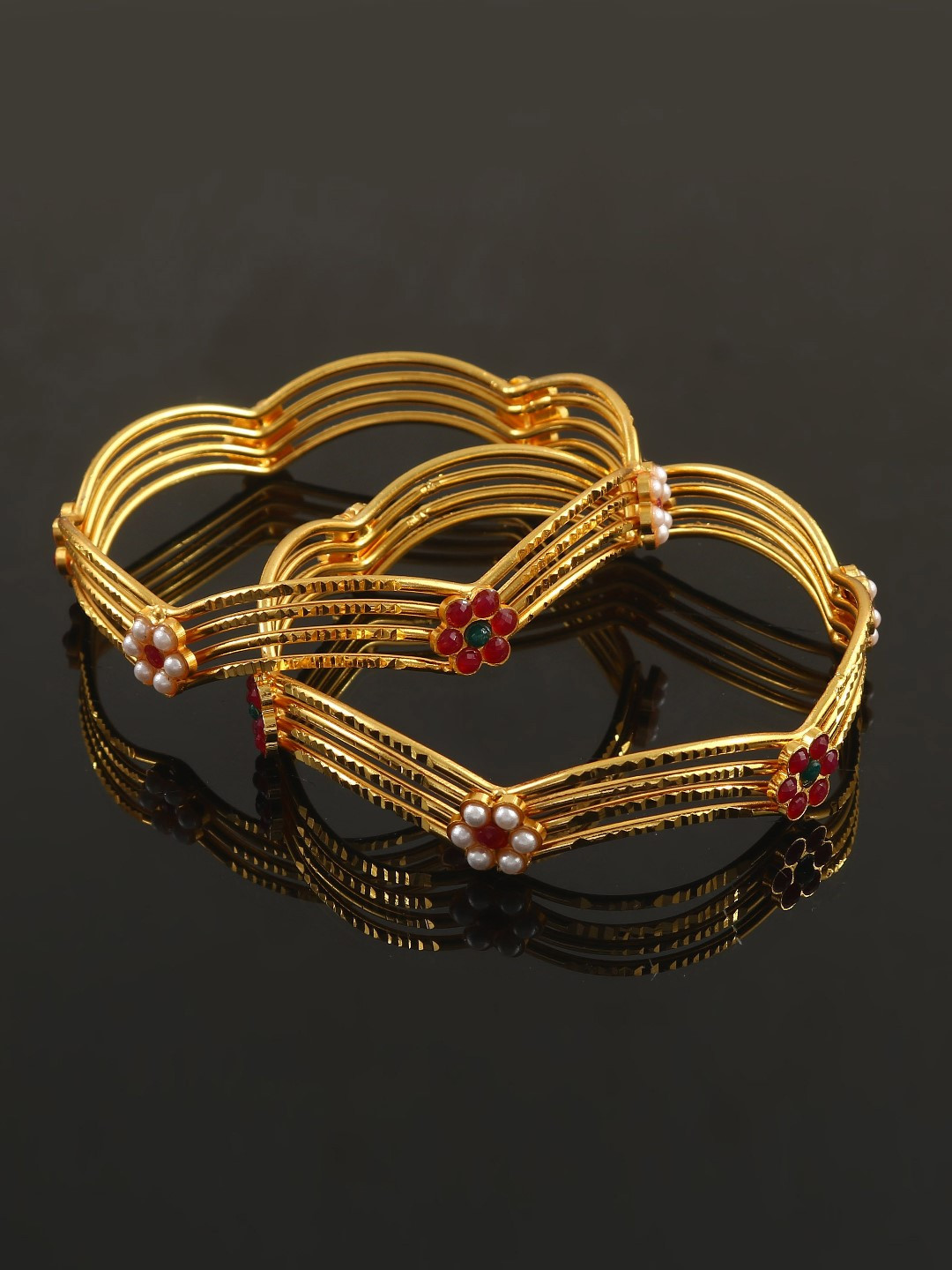 Jewar Mandi Set Of 2 Gold-Plated Red & Green Stone-Studded Bangles