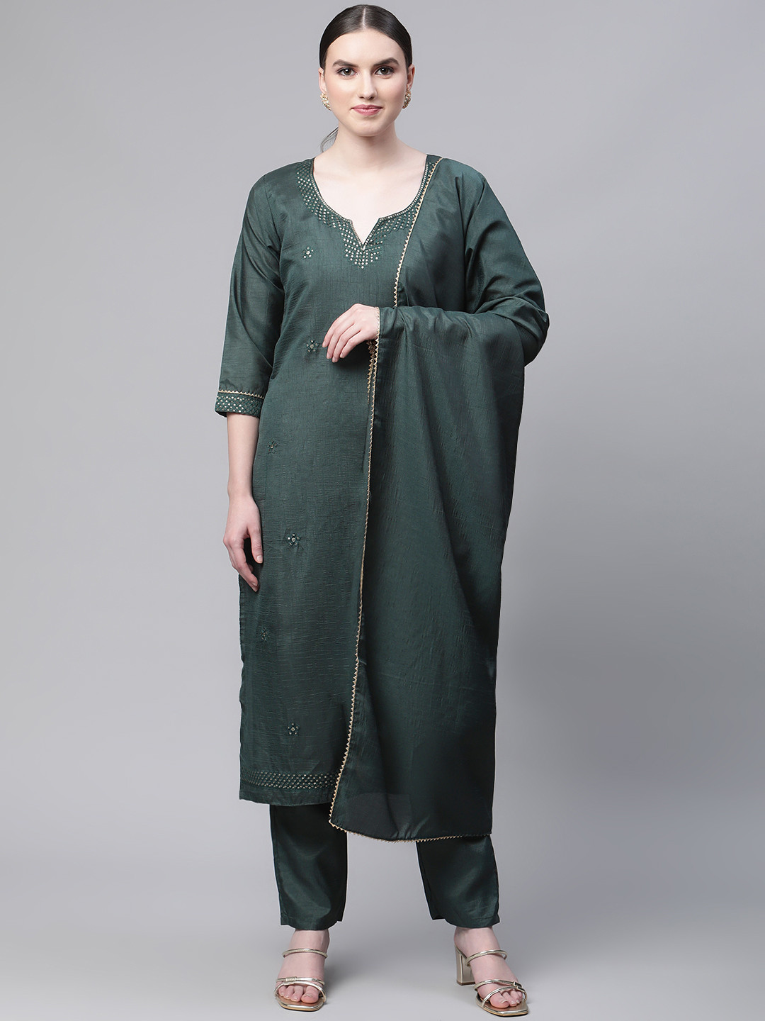 SERONA FABRICS Women Teal Beads and Stones Silk Chiffon Kurta with Trousers & Dupatta