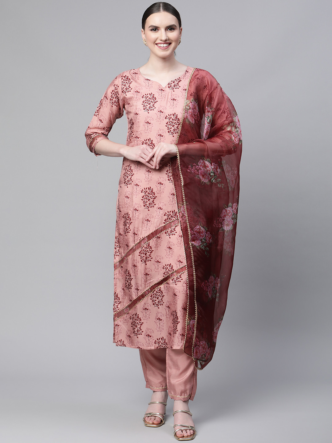 SERONA FABRICS Women Pink Floral Print Silk Chiffon Kurta with Trousers & Dupatta
