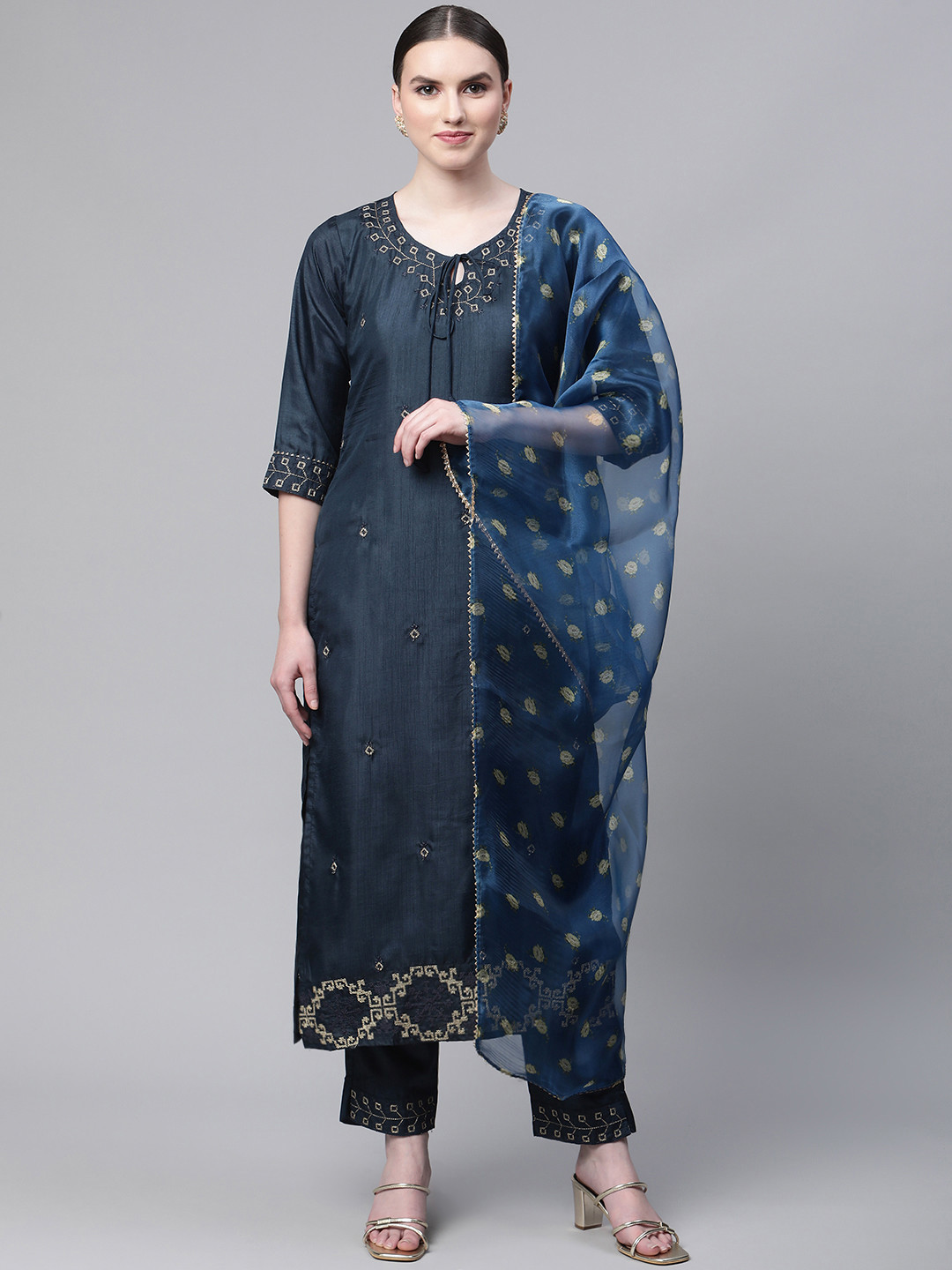 SERONA FABRICS Women Blue Beads and Stones Silk Chiffon Kurta with Trousers & Dupatta