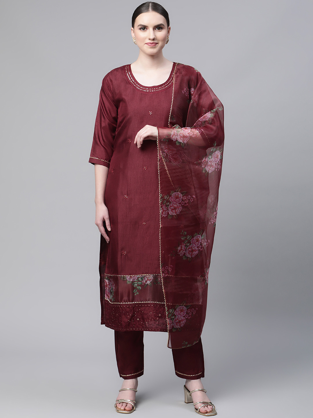 SERONA FABRICS Women Maroon Beads and Stones Silk Chiffon Kurta with Trousers & Dupatta