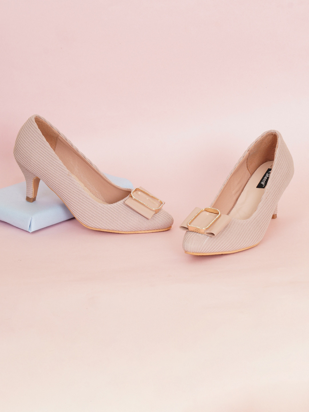 Sherrif Shoes Nude-Coloured & White Bow Embellished Kitten Pump Heels