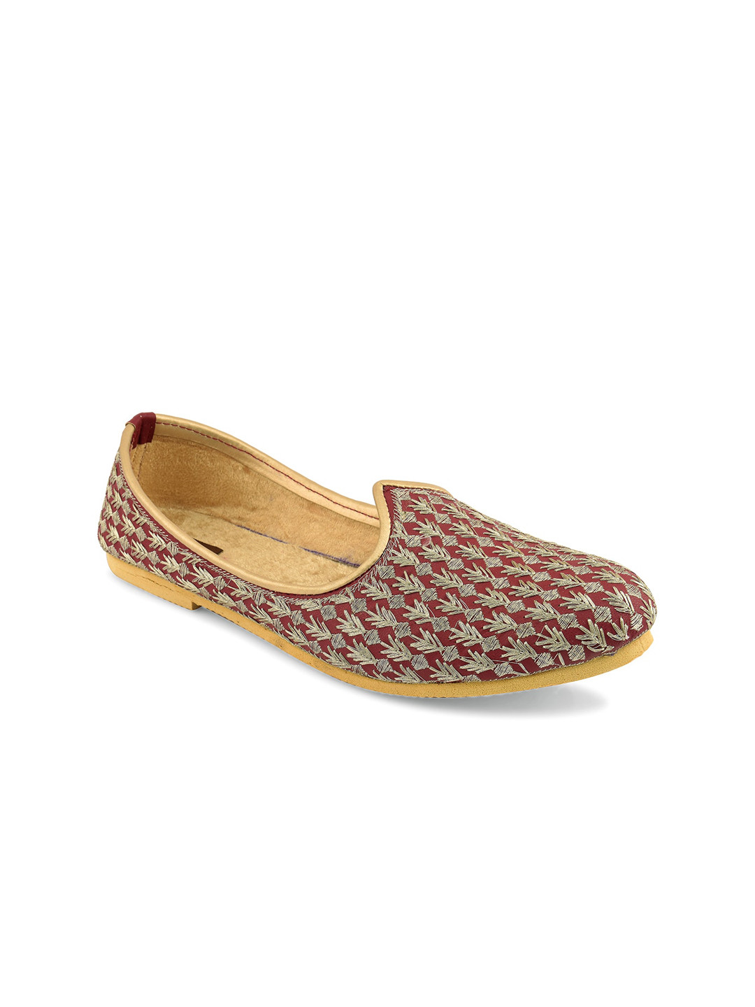 DESI COLOUR Men Maroon & Gold Embellished Mojaris Flats