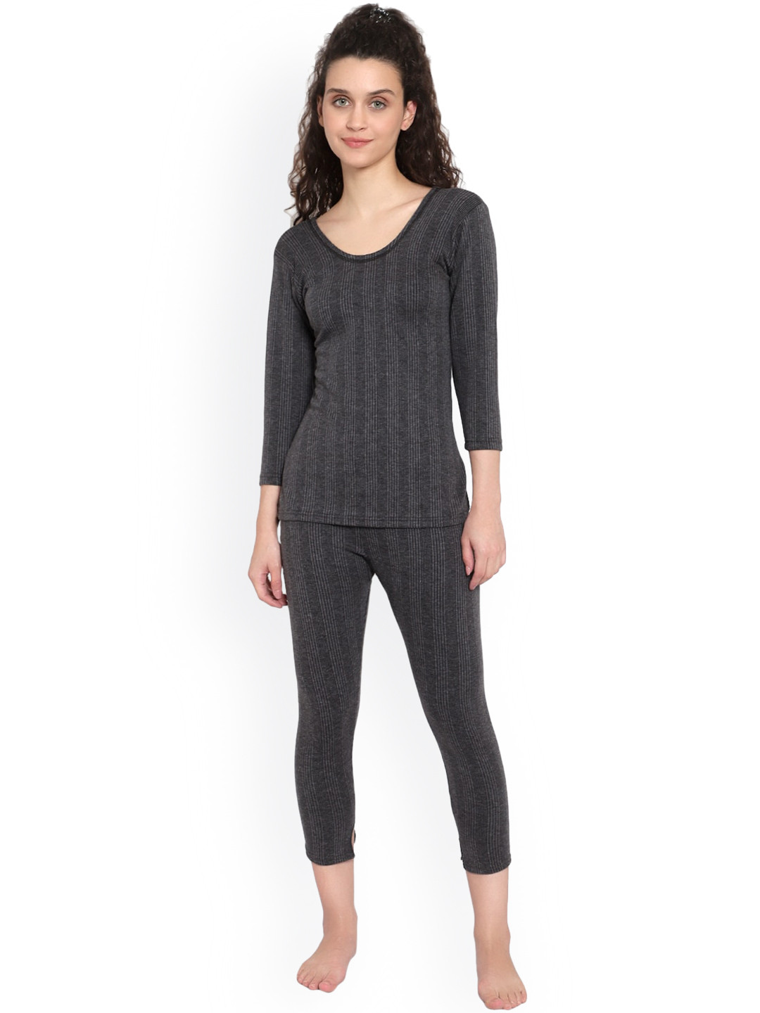 SKY HEIGHTS Women Charcoal-Grey Self-Striped Top & Capris Thermal Set