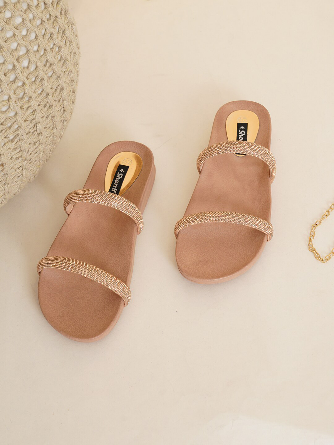 Sherrif Shoes Women Rose Gold Embellished Open Toe Flats