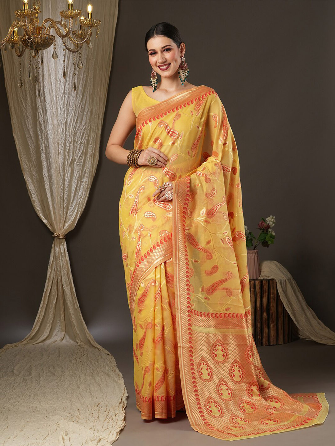 Saree mall Yellow & Red Woven Design Zari Bagru Sarees