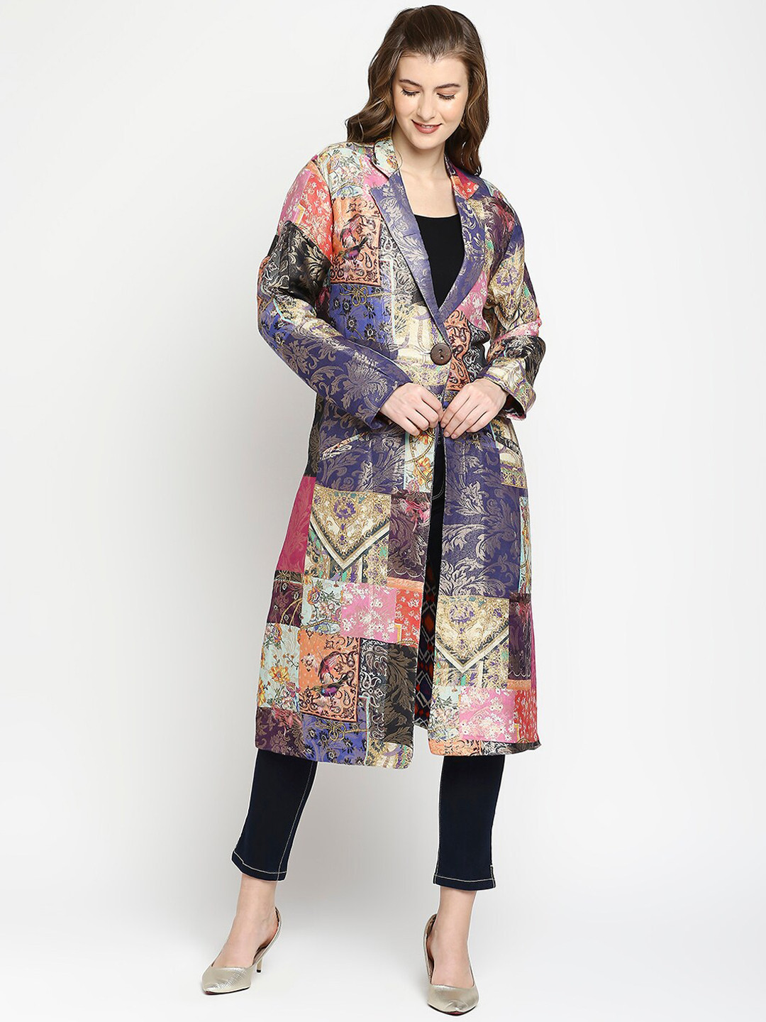 Cloth Haus India Women Blue & Pink Floral Patchwork Longline Tailored Jacket