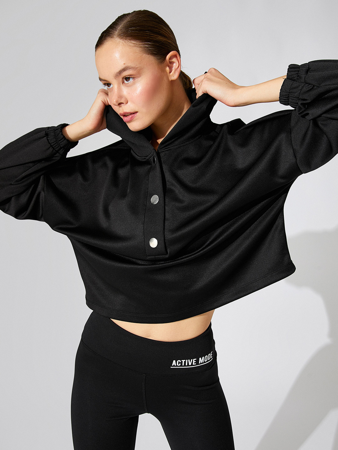 Koton Women Black Hooded Satin Finish Sweatshirt