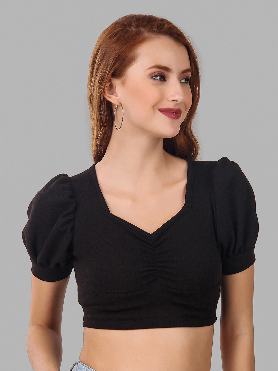 Womenster Black Sweetheart Neck Slim Fit Crop Top