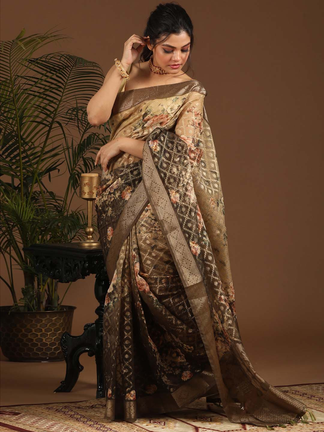 Indethnic Cream-Coloured & Brown Floral Zari Organza Banarasi Saree