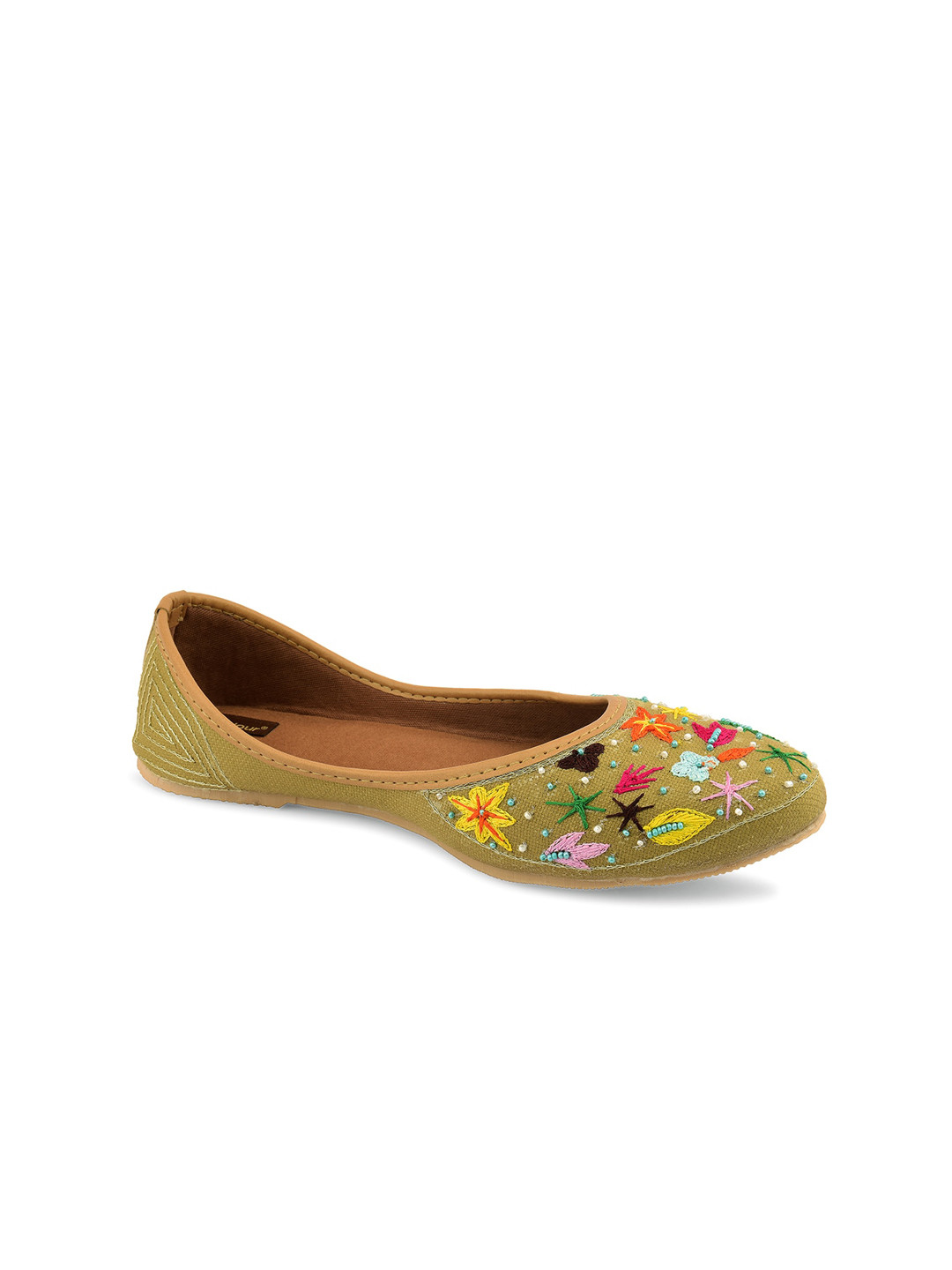 DESI COLOUR Women Olive Green & Yellow Embellished Ethnic Mojaris Flats
