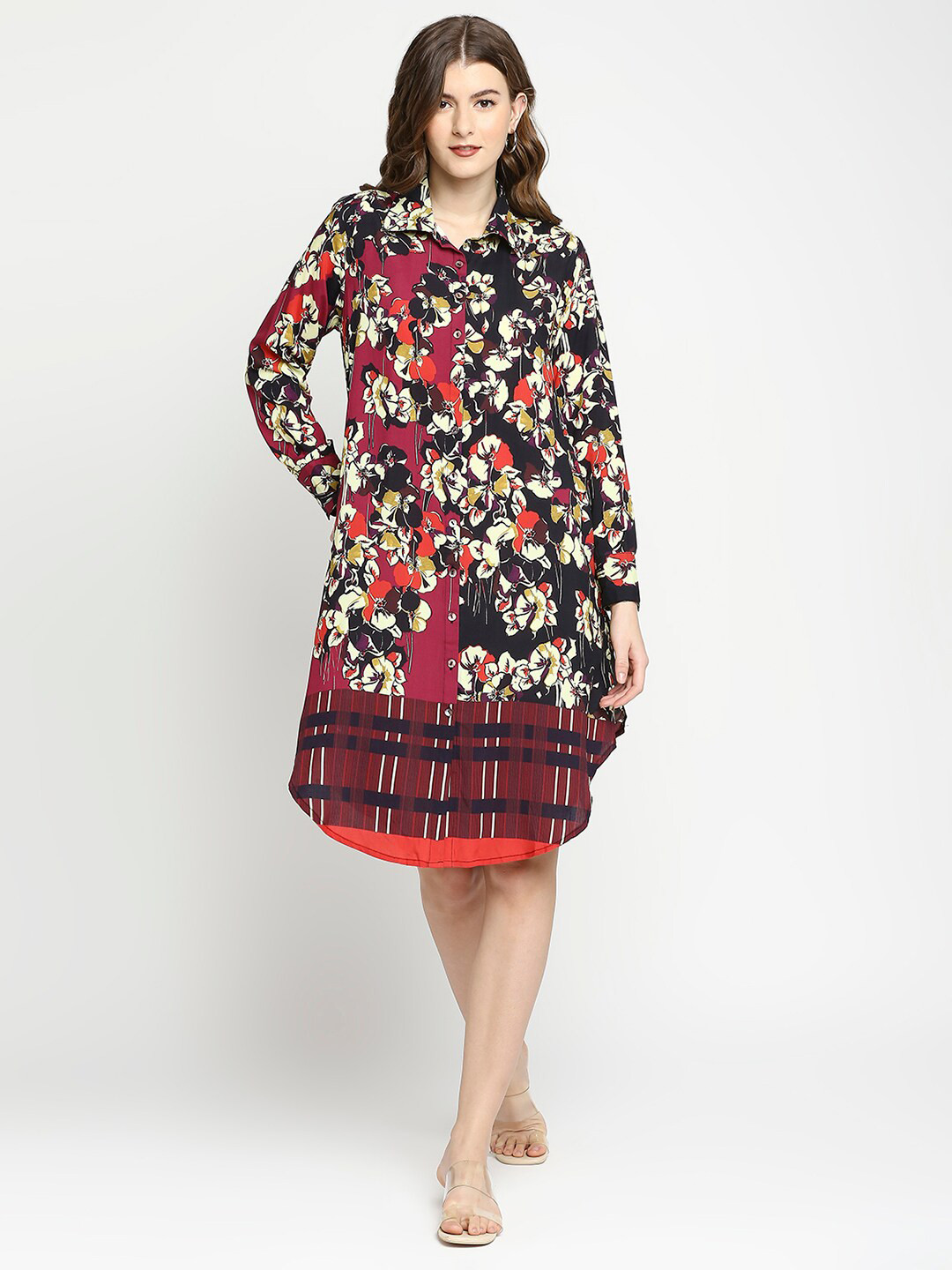 Cloth Haus India Maroon & Black Floral Ethnic Shirt Dress