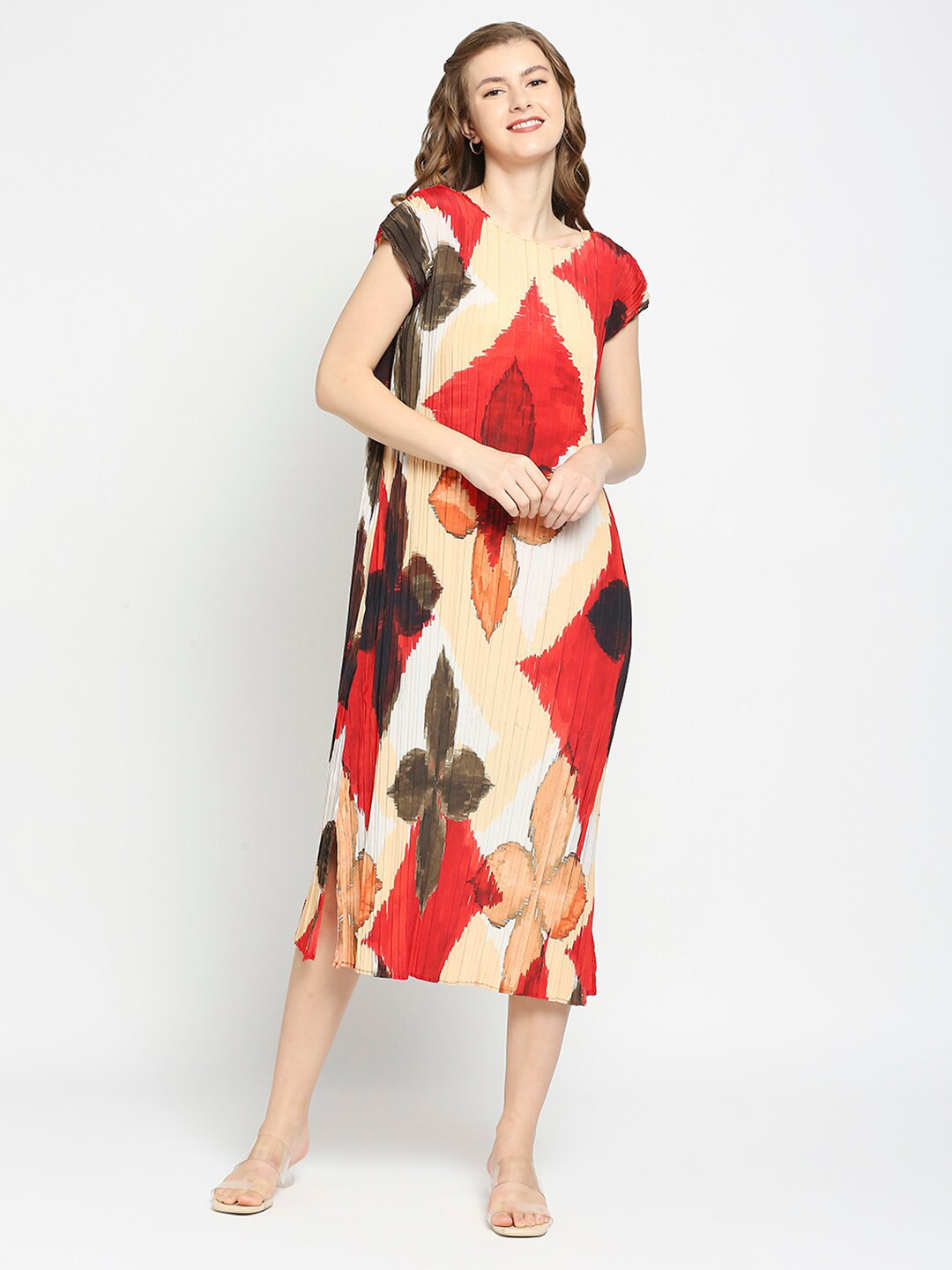 Cloth Haus India Beige & Red Floral Dyed A-Line Midi Dress
