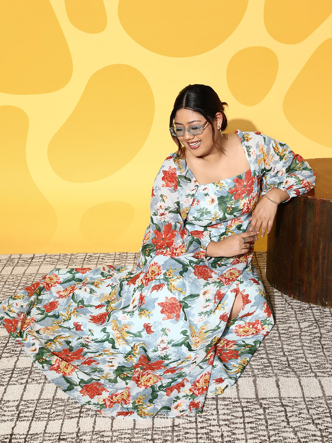 Berrylush Curve Blue & Orange Floral Georgette Maxi Maxi Dress