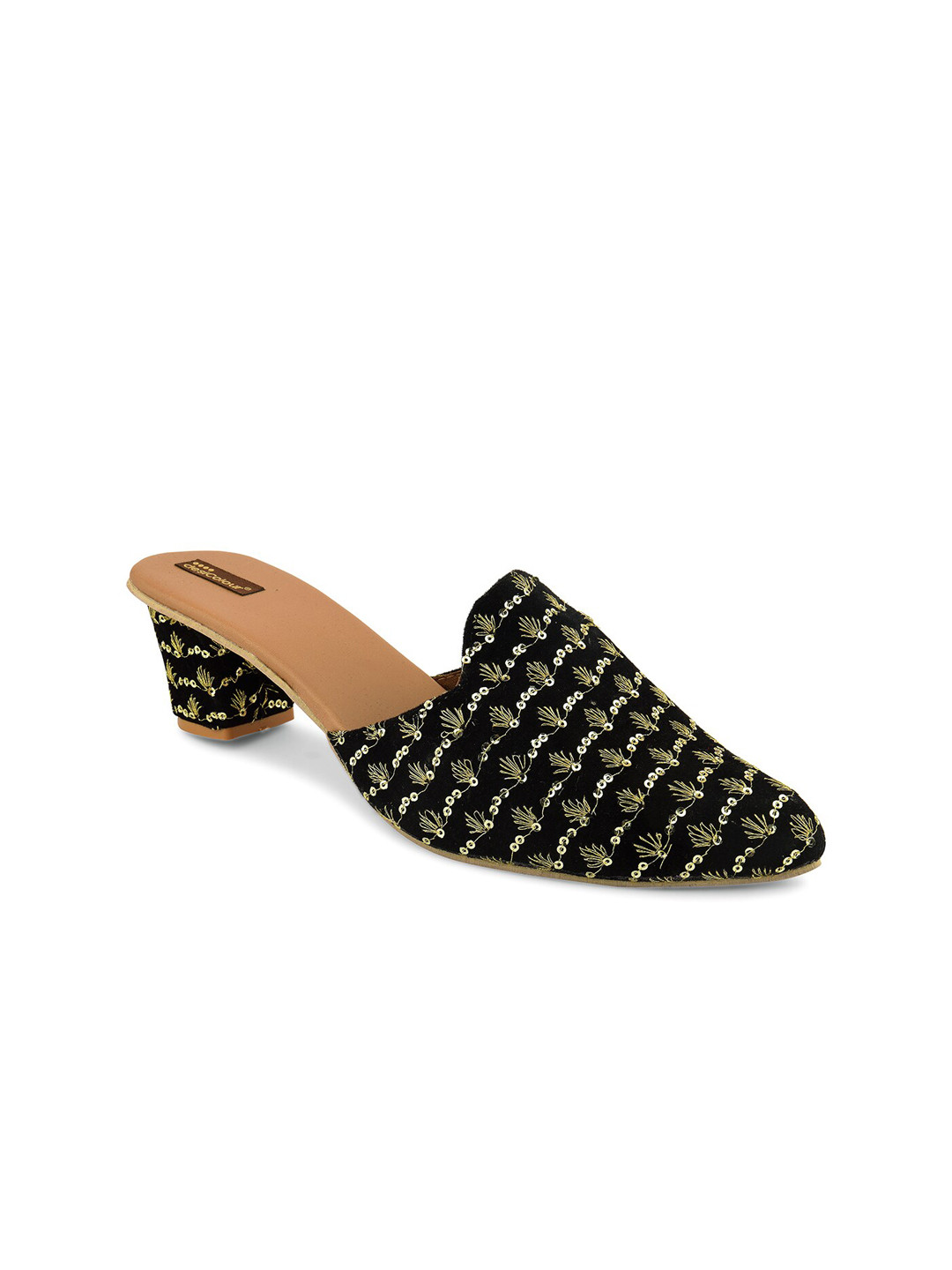 DESI COLOUR Women Black & Gold Embellished Ethnic Block Mules